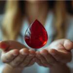 a girl in the blurry background with a hand holding a blood drop representing iron deficiency anemia