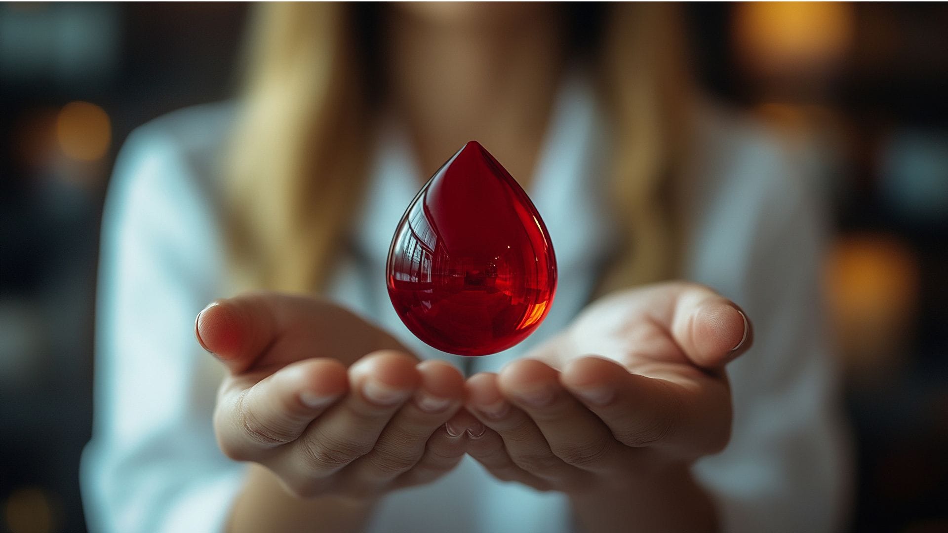 a girl in the blurry background with a hand holding a blood drop representing iron deficiency anemia