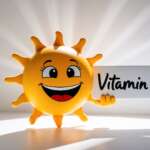 Cute yellow sun character holding vitamin d sign with smiling face representing the importance of vitamin d