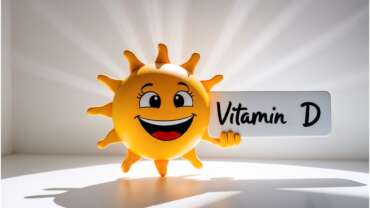 Cute yellow sun character holding vitamin d sign with smiling face representing the importance of vitamin d