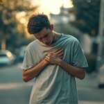 A young man with a heart-shaped tattoo stands alone in an urban setting. He is looking down, hands resting on his chest, possibly lost in thought. The background is filled with city life: cars parked by the sidewalk and trees swaying gently above. This image captures the essence of youth culture in modern cities, highlighting the introspective moments amidst daily routines.