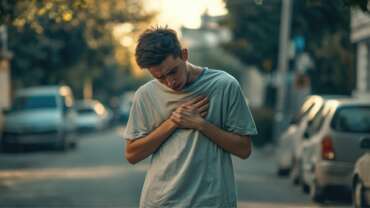 A young man with a heart-shaped tattoo stands alone in an urban setting. He is looking down, hands resting on his chest, possibly lost in thought. The background is filled with city life: cars parked by the sidewalk and trees swaying gently above. This image captures the essence of youth culture in modern cities, highlighting the introspective moments amidst daily routines.
