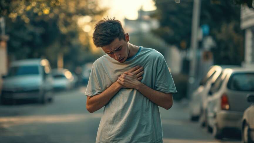 A young man with a heart-shaped tattoo stands alone in an urban setting. He is looking down, hands resting on his chest, possibly lost in thought. The background is filled with city life: cars parked by the sidewalk and trees swaying gently above. This image captures the essence of youth culture in modern cities, highlighting the introspective moments amidst daily routines.