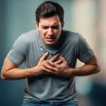 young adults dying of heart attack concept where a young man clutching his chest in pain possibly experiencing a heart attack or other serious medical emergency