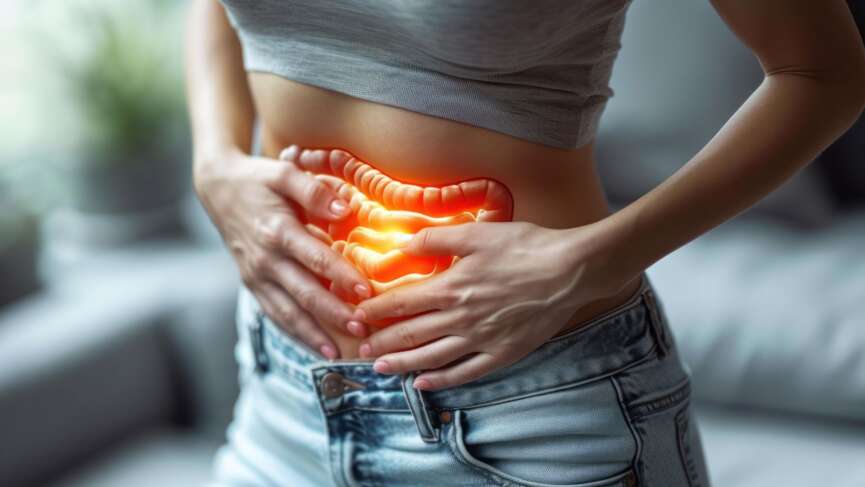 A woman body with stomach pain representing irritable bowel syndrome, is a common, long-term functional disorder of the large intestine, causing recurring abdominal pain, bloating, and diarrhea, constipation, or both