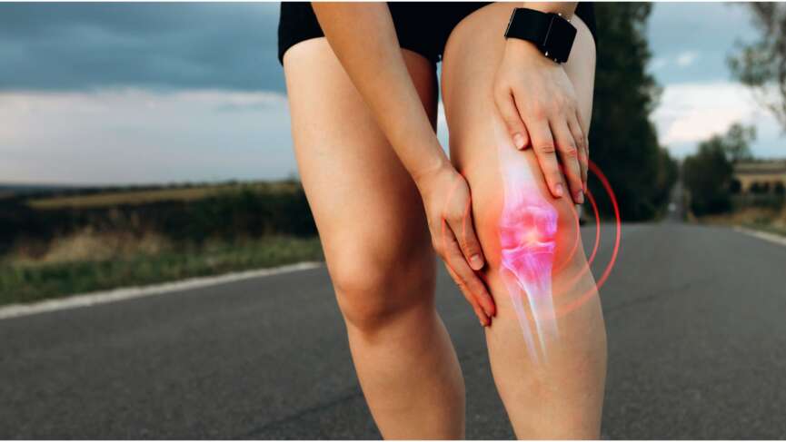 Sports injury woman and knee with red glow outdoors, holding leg, ACL tear pain