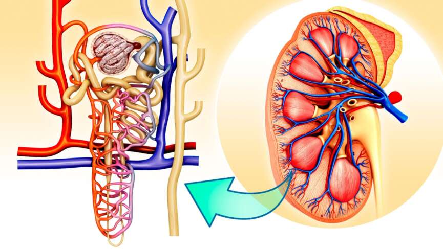 medical illustration of nephrotic syndrome, a kidney disorder causing the body to excrete excessive protein in urine