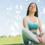 A fresh woman goes for a walk at the park, sits on the grass, and rejoices