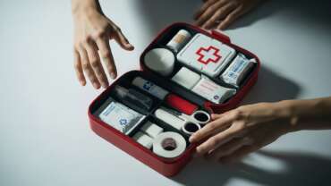 Medical first aid kit with medicine and pills for pain and illness, representing tsa rules for medications during travel