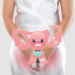 Illustration of the uterus is on the woman's body, on a gray background, the female anatomy concept vaginal yeast infection treatment