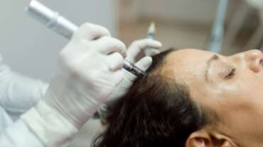 Woman scalp microneedling and injection treatment for hair growth stimulation in clinic