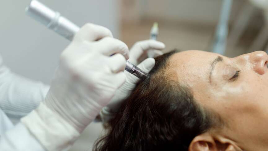 Woman scalp microneedling and injection treatment for hair growth stimulation in clinic