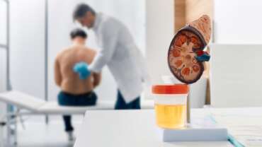 a doctor checking patient in background with a blurry affect representing anemia in kidney disease