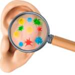 human ear with viruses and bacteria under magnifying glass, 3D rendering, natural representing causes and remedies for ear infection