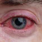 Close-up of one annoyed red-blooded and health eye of female affected by dry eyes representing causes of dry eyes