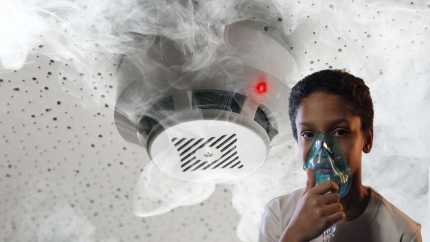 a young boy using nebulizer at home and harmful gases around which might trigger asthma