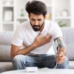 a young man sitting on couch and checking his blood pressure and cholesterol