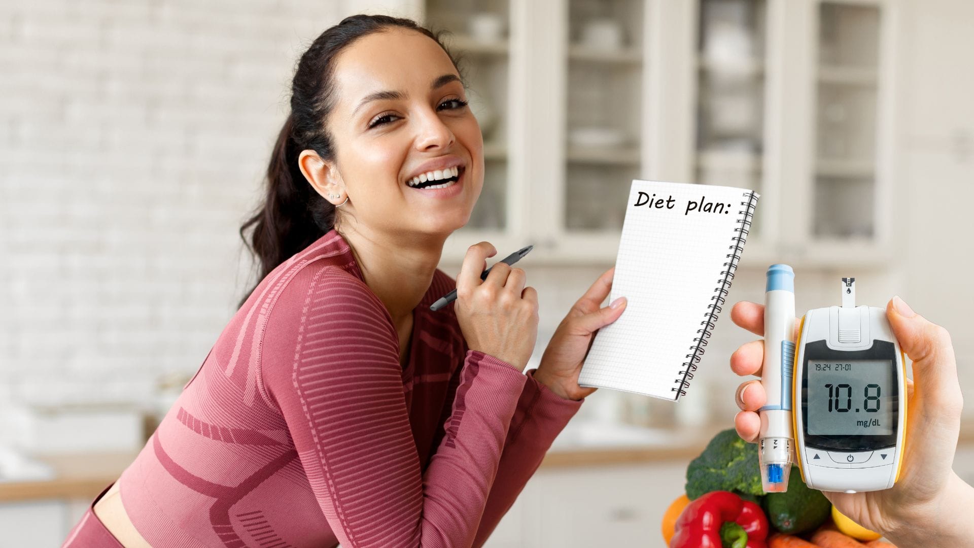 a beautiful women planning her meal strategies for diabetes control and a glucometer device on the side