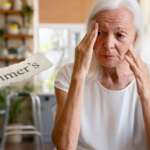 attractive senior woman with alzheimer's disease sitting on table