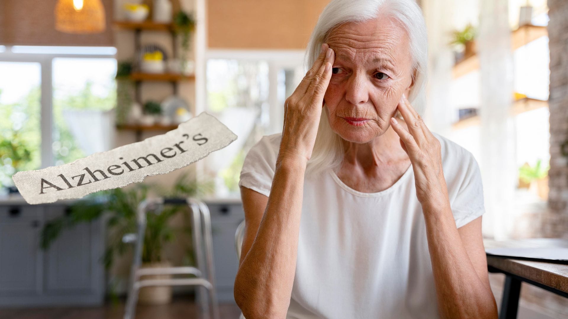 attractive senior woman with alzheimer's disease sitting on table