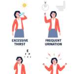Diabetes symptoms and medical infographic poster cartoon flat woman demonstrate causes of diabetes, diabetic health, insulin, and sugar control