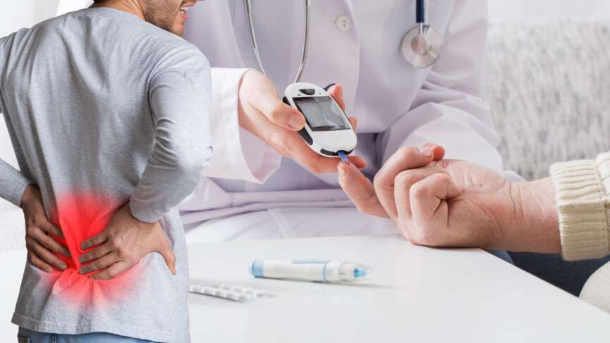 finger for blood test of sugar level and a man with kidney ache