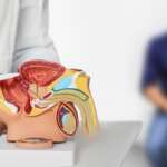 a doctor illustrating the symptoms of benign prostatic hyperplasia