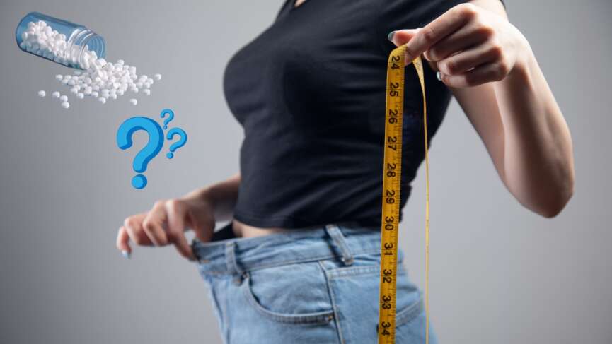 young female with fit body in shirt and jeans showing her weight loss secrets and metformin medications
