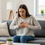 heart disease in females concept where a woman is experiencing chest pain at home