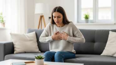 heart disease in females concept where a woman is experiencing chest pain at home