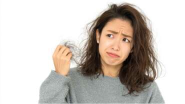 face of sad girl frustrated with weak split ends and hair fall. iron deficiency and skin changes concept