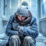 A man sitting outside with hypothermia and snow on the ground