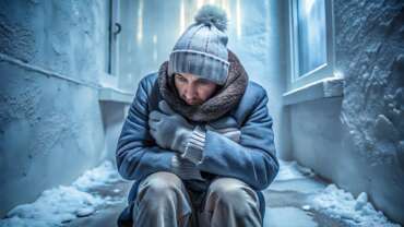 A man sitting outside with hypothermia and snow on the ground