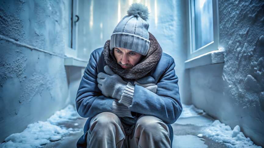 A man sitting outside with hypothermia and snow on the ground