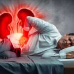 a middle-aged man with kidney stone and pain sleeping in hospital bed