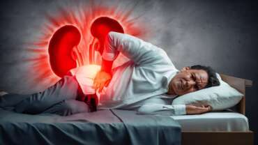 a middle-aged man with kidney stone and pain sleeping in hospital bed
