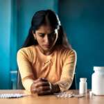 a sad girl sitting at table in isolated room with tons of heart failure medications on the table