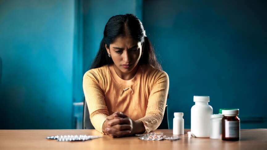 a sad girl sitting at table in isolated room with tons of heart failure medications on the table