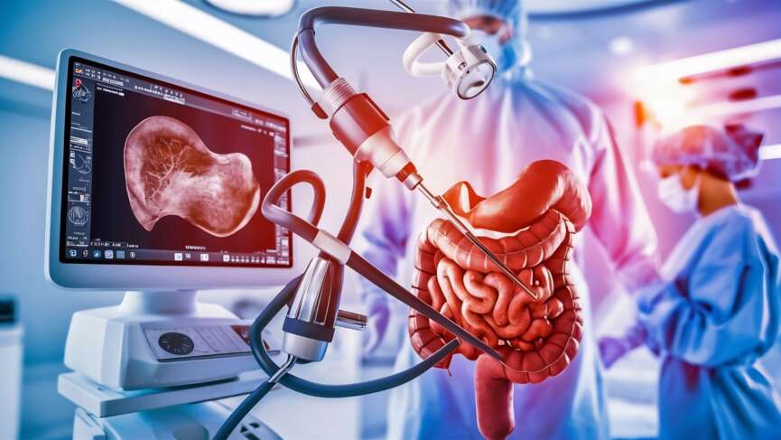 Medical technology with an endoscope with a monitor displays the intestine. Colonoscopy for Iron Deficiency concept