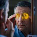 An old man looking at mirror with glaucoma