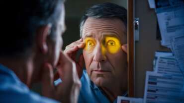 An old man looking at mirror with glaucoma