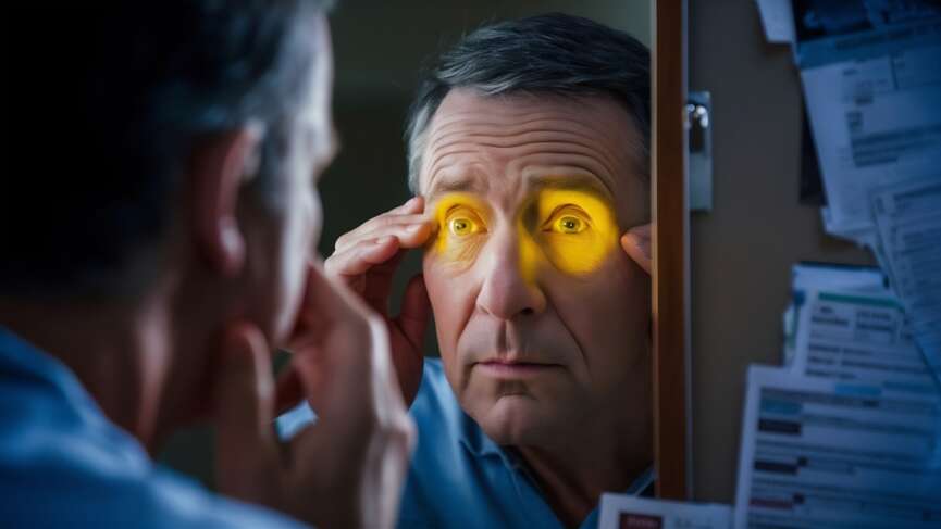 An old man looking at mirror with glaucoma
