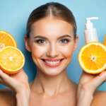 smile girl and fruit for collagen, vitamin C, and organic ingredients