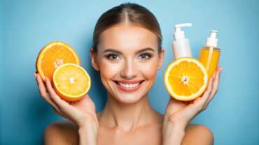 smile girl and fruit for collagen, vitamin C, and organic ingredients