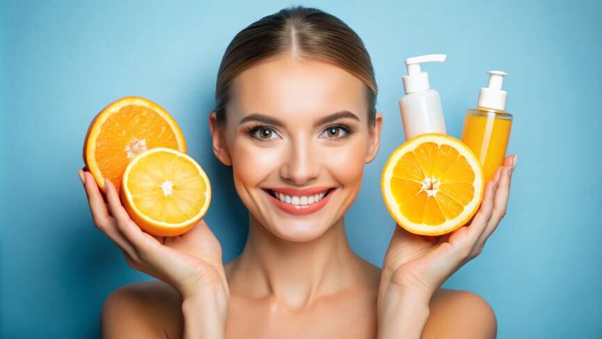 smile girl and fruit for collagen, vitamin C, and organic ingredients