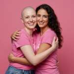 Smiling bald woman hugging with a friend fighting breast cancer. Genetic testing and breast cancer treatment concept