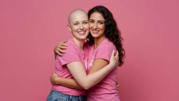 Smiling bald woman hugging with a friend fighting breast cancer. Genetic testing and breast cancer treatment concept