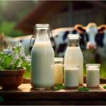 A farm-to-table scene showing the bottle of milk from cows. cow milk vs plant milk difference concept