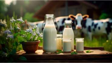 A farm-to-table scene showing the bottle of milk from cows. cow milk vs plant milk difference concept