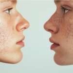 A close-up of two men's faces with acne and scarring. Types of acne concept
